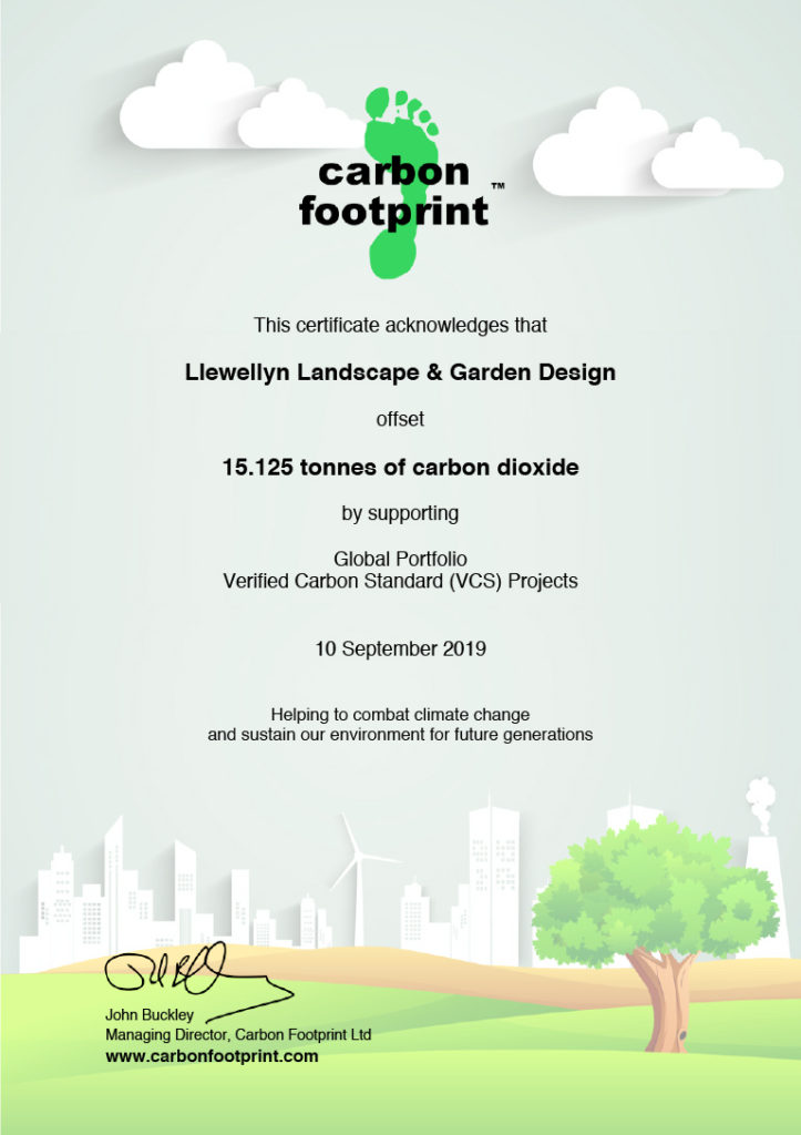 Carbon Offset Certificate for Llewellyn Landscape & Garden Design